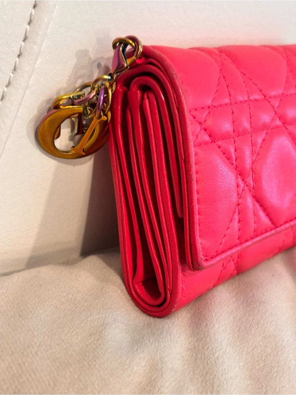 Christian Dior Lady Dior Lotus Pink Lambskin Leather Trifold Wallet
